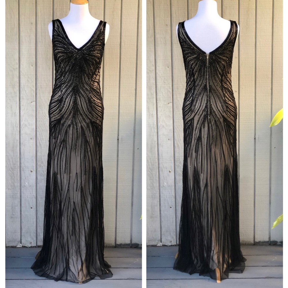 Viola Chan Beaded Mesh Floor Length Mermaid Glam Black Cream Evening Gown size 4